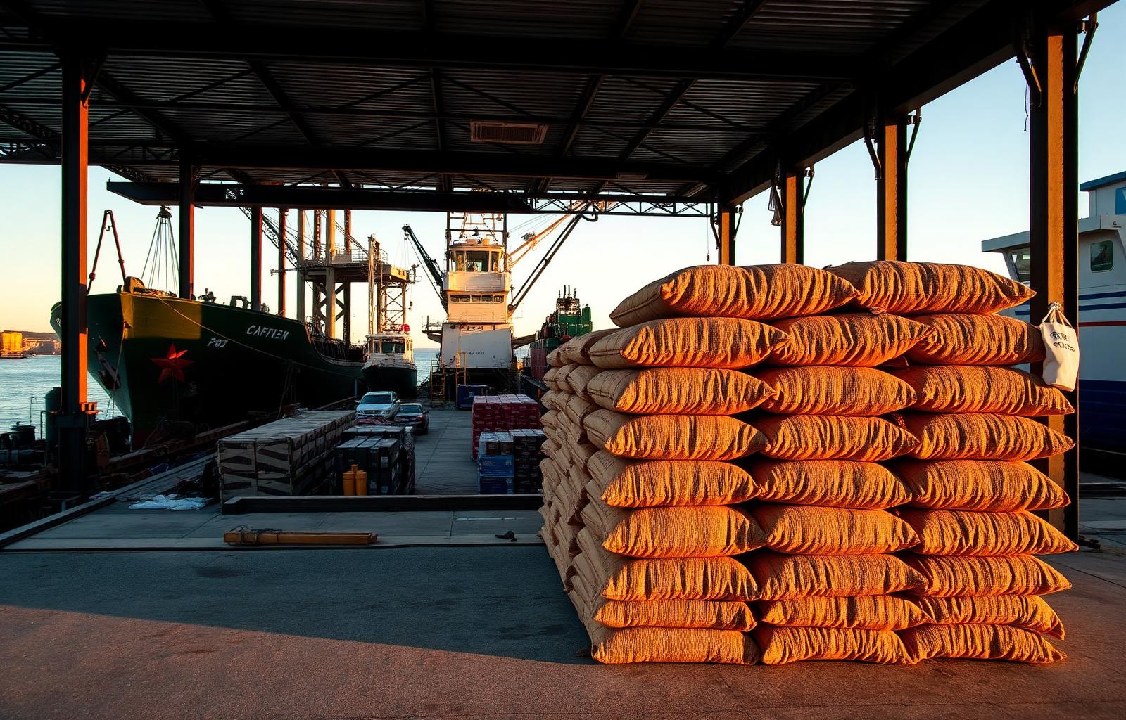 Coffee sacks on a Canadian loading dock