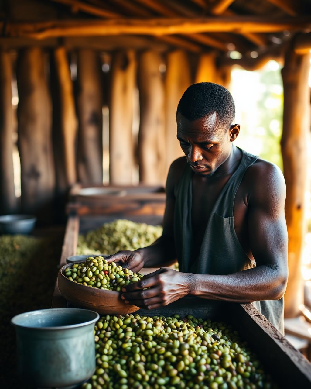 Worker sorting green coffee beans at a processing station