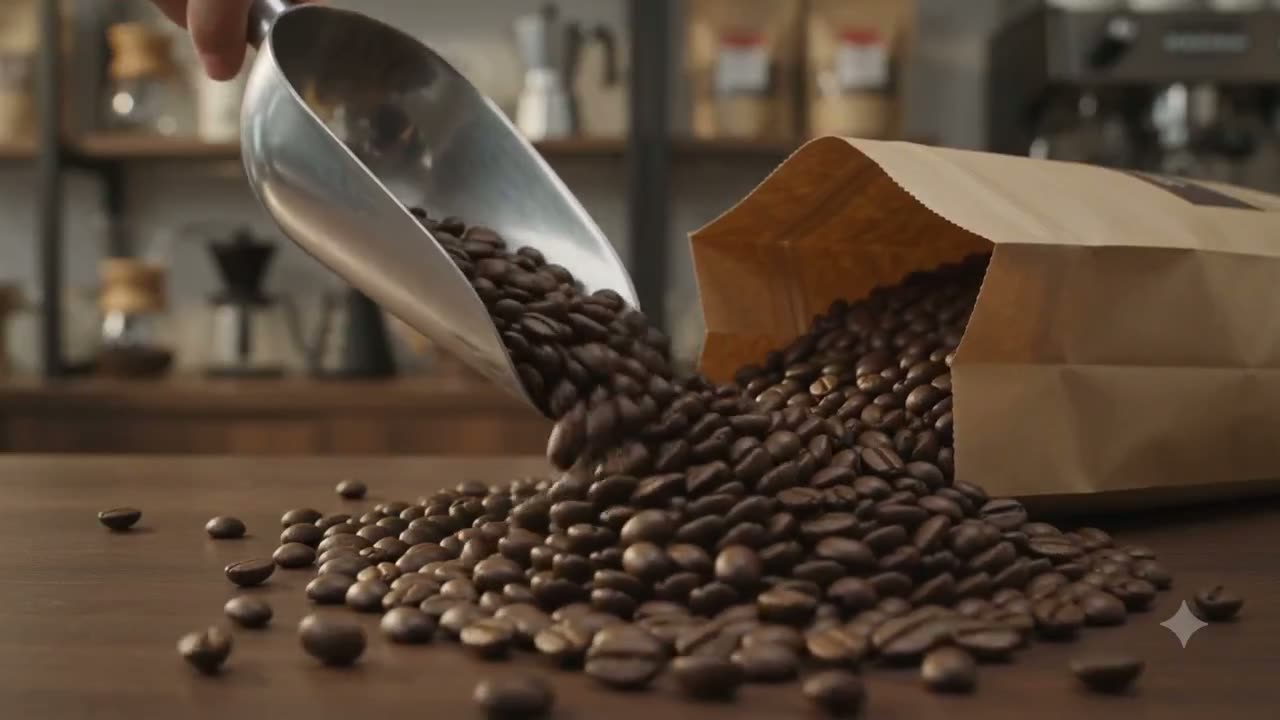 Roasted Ethiopian beans pouring into a kraft bag